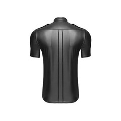 Men Black Faux Leather Short Sleeve Collared Shirt Wet Look Top Blouse