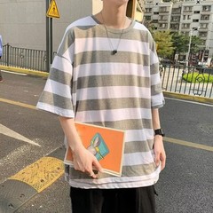 Men O Neck Short Sleeve Wide Striped T-Shirts Casual Loose Fit Blouse Tops Tee
