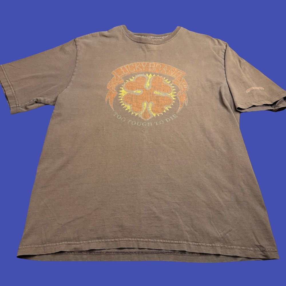 Vintage Lucky Brand XL Too Tough To Die Graphic T Shirt USA Brown Cotton Faded