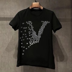Fashion Men Hot Drill Planes Printed Rhinestones Luxury Slim Black White T-Shirt