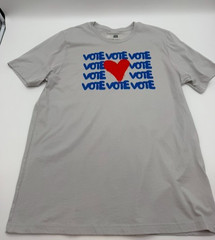 Unisex VOTE T-shirt light gray XL w/red heart and VOTE graphic repeat in blue