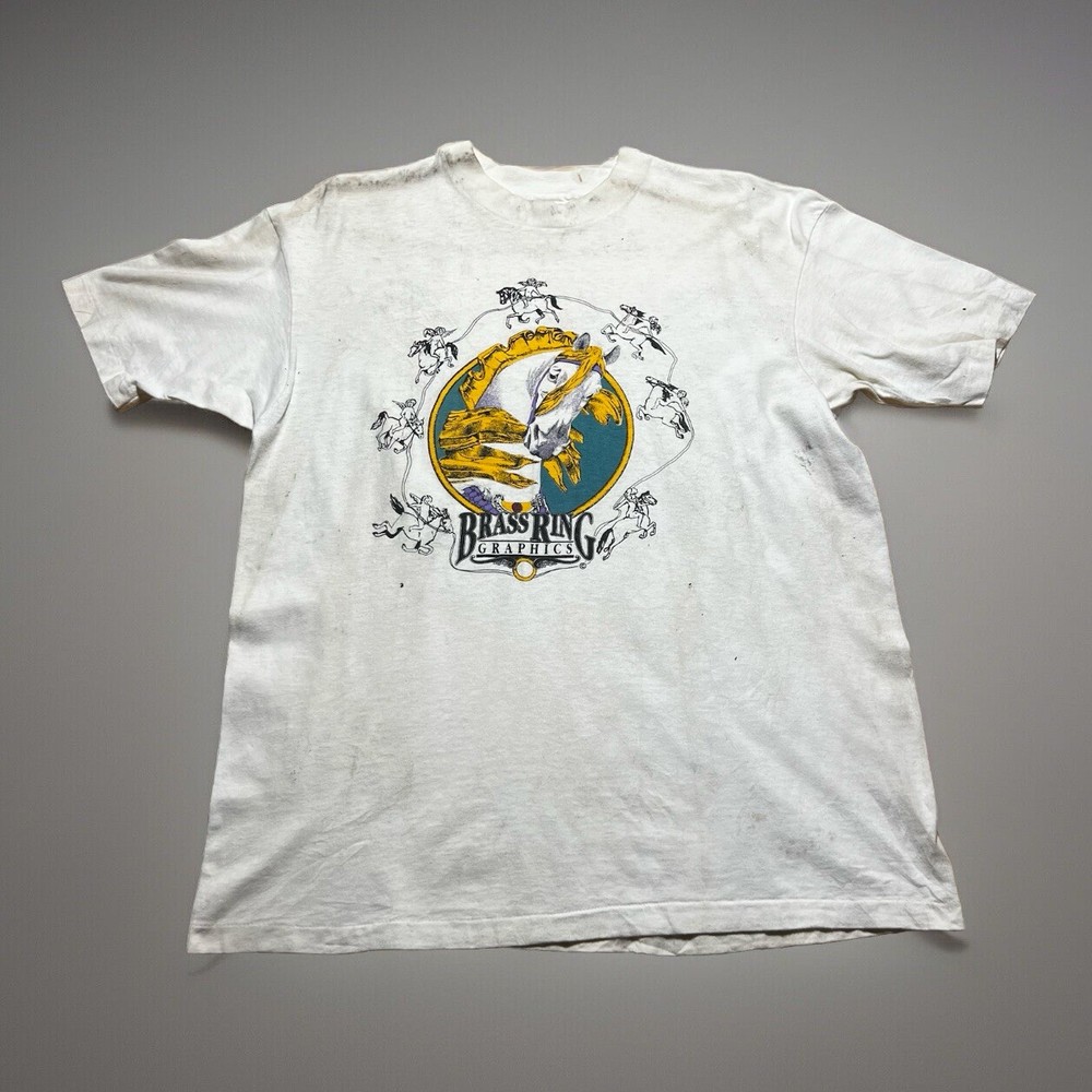 Vintage 80s Thrashed Distressed Cupid Horse Brass Ring Graphics Shirt Size XL