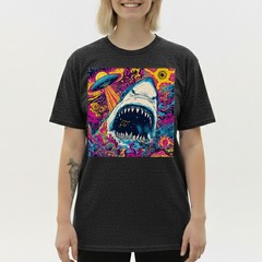 Trippy Space Shark T-Shirt Alien UFO Abduction Galaxy Mouth Colorful Art Tee