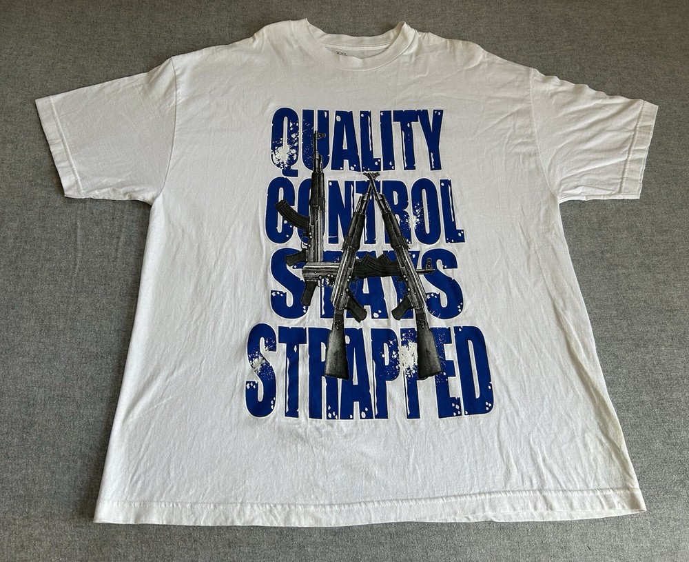 Quality Control “ Stays Strapped Guns ,Beer“Mens White Graphic T-Shirt Size 2XL