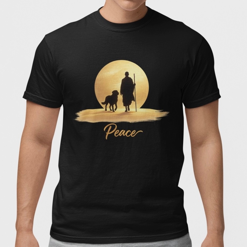 Walk For Peace Sunset Monk Dog T Shirt Spiritual Zen Graphic Tee Gift S-5XL