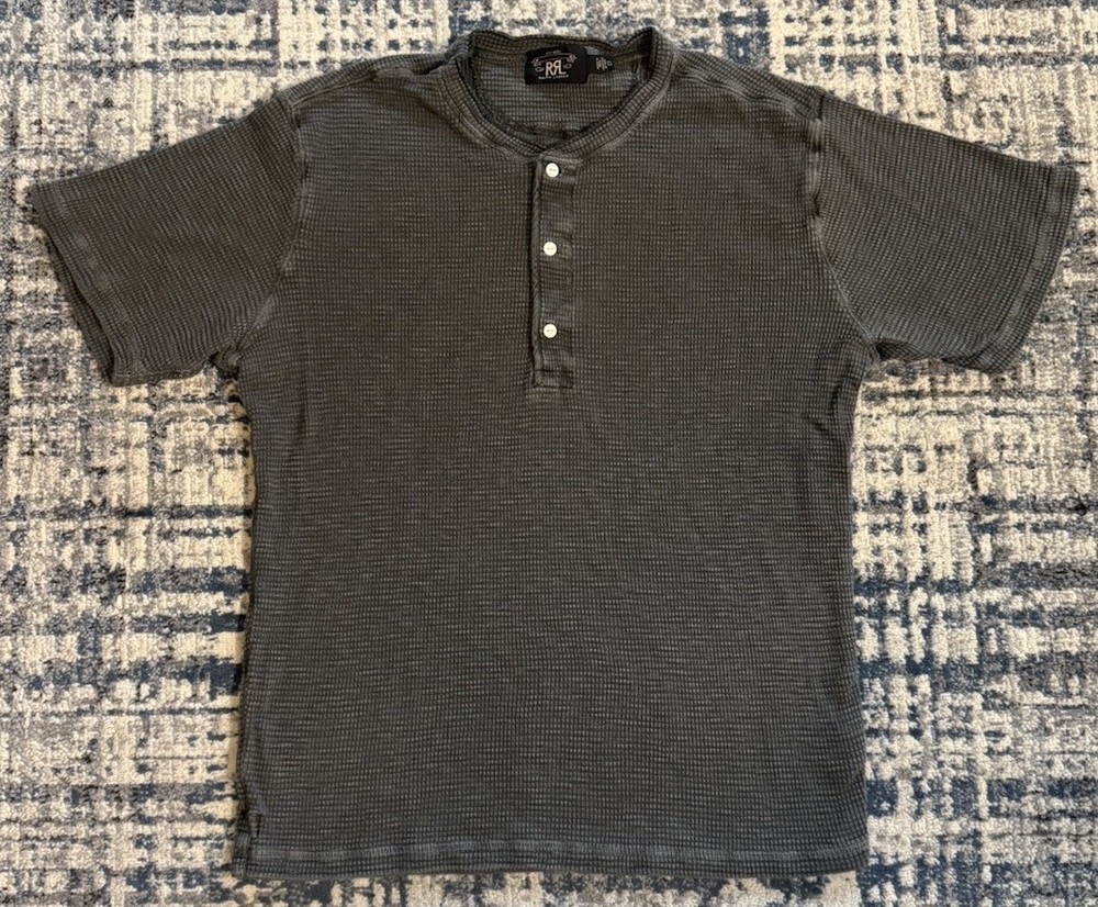 RRL Ralph Lauren Men’s Gray Waffle Knit Henley T Shirt Sz XL Thermal 100% Cotton
