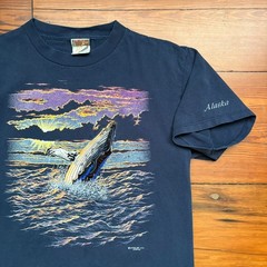 Vintage Whale Nature Art T-Shirt Men’s Size L Navy Blue 1990s Embroidered