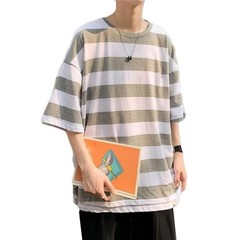 Men O Neck Short Sleeve Wide Striped T-Shirts Casual Loose Fit Blouse Tops Tee