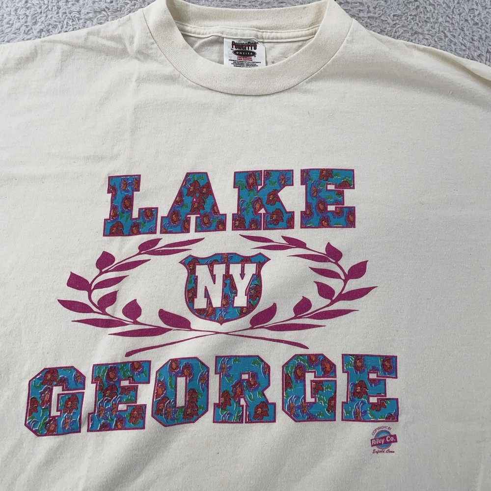 Vintage Lake George New York Shirt Mens L Off White Beach Vacation Graphic 90s