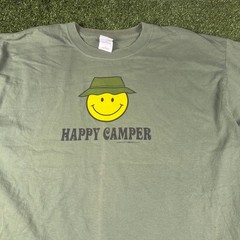 Gildan Happy Camper Smiley Face Bucket Hat Graphic T-Shirt Olive Green XL