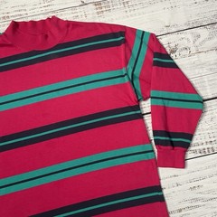 Vintage Class 955 Pink Green Striped Long Sleeve Blank Shirt Adult M Mock Neck