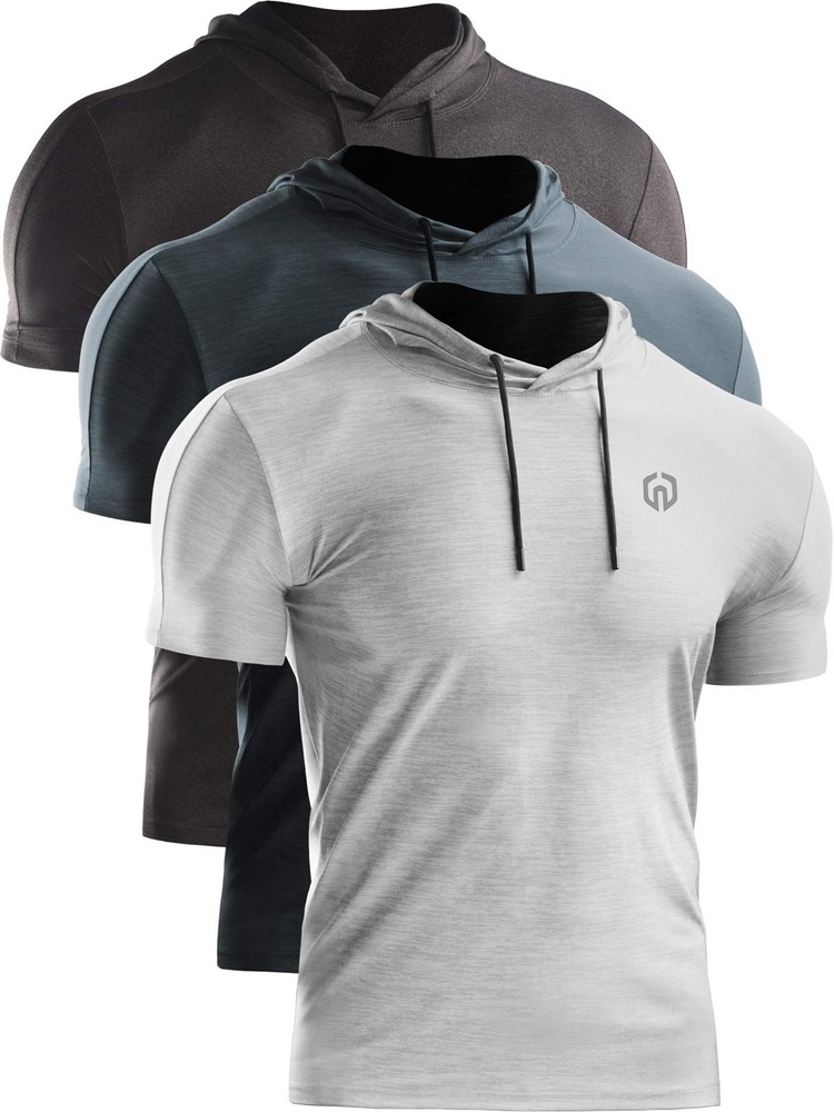 Men’s 3 Pack Dry Fit Running Shirt Workout Athletic Shirt with Hoods,Grey Bla…
