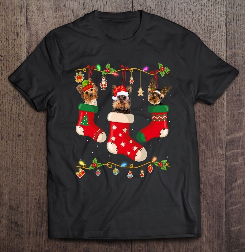 Yorkie In Socks Christmas Shirt Dog Lover Sweater Gift Xmas Black Men T-shirt