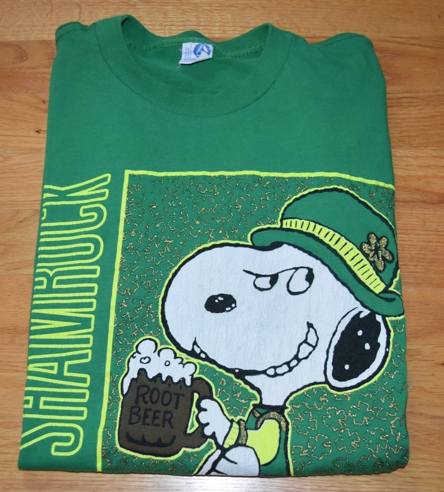 VTG 1990s Snoopy St Patricks Day Joe Shamrock Single Stitch Peanuts Green USA L