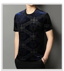 New Men Fashion Bronzing Flocking Trend Silky Velvet Summer Short Sleeve T-Shirt