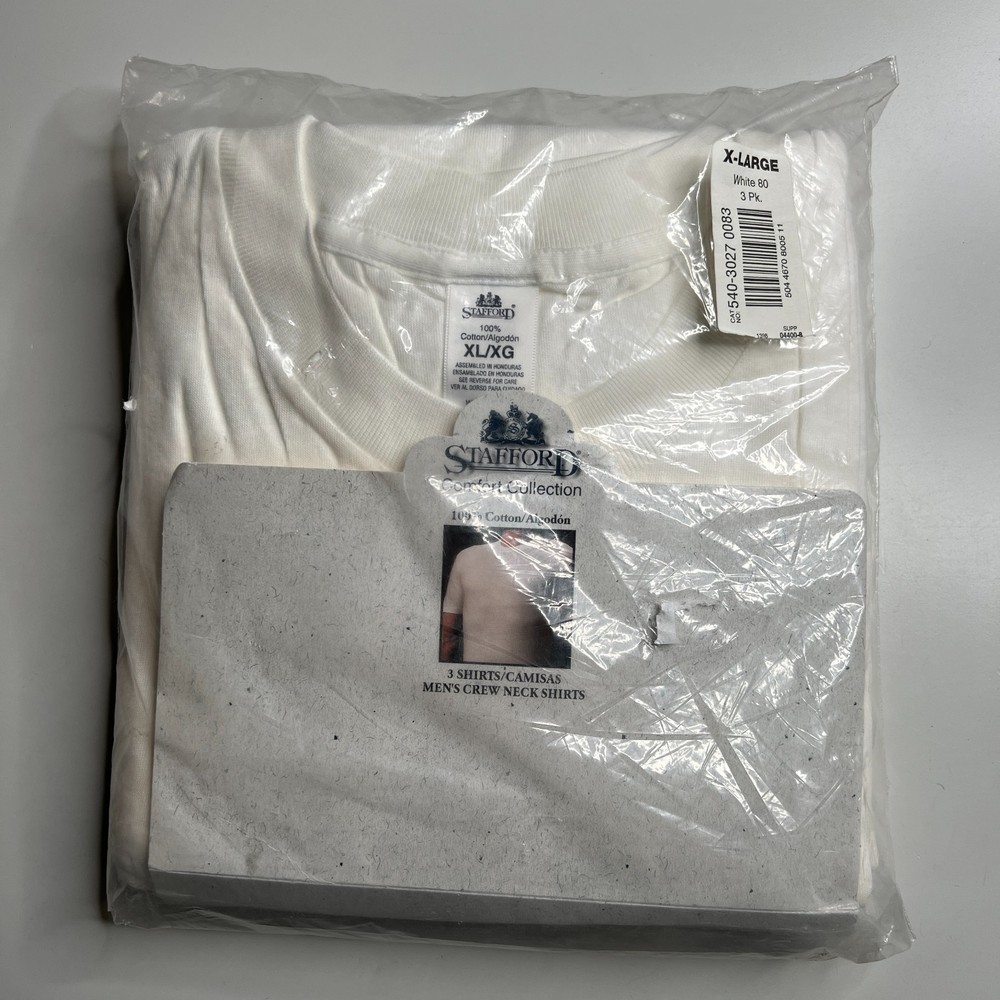 Vintage Stafford Men’s White Crew Neck T-Shirts 3 Pack XL 100% Cotton NOS 90s