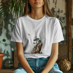 Cliffside Tree Ocean Landscape Nature Art Minimalist Outdoor Graphic T-Shirt