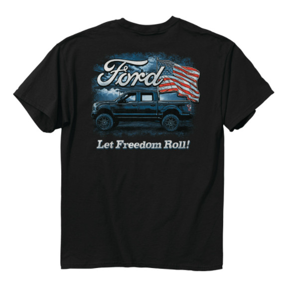 Ford F-150 Pickup Truck American Flag & “Let Freedom Roll” Script Black T-Shirt