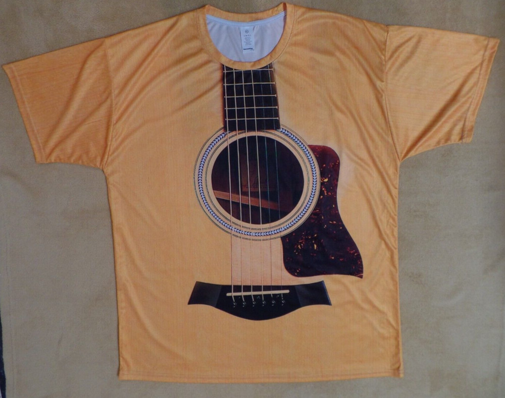 Men’s Guitar t shirt from Garment One, XL, gold w/ black, silky synthetic knit
