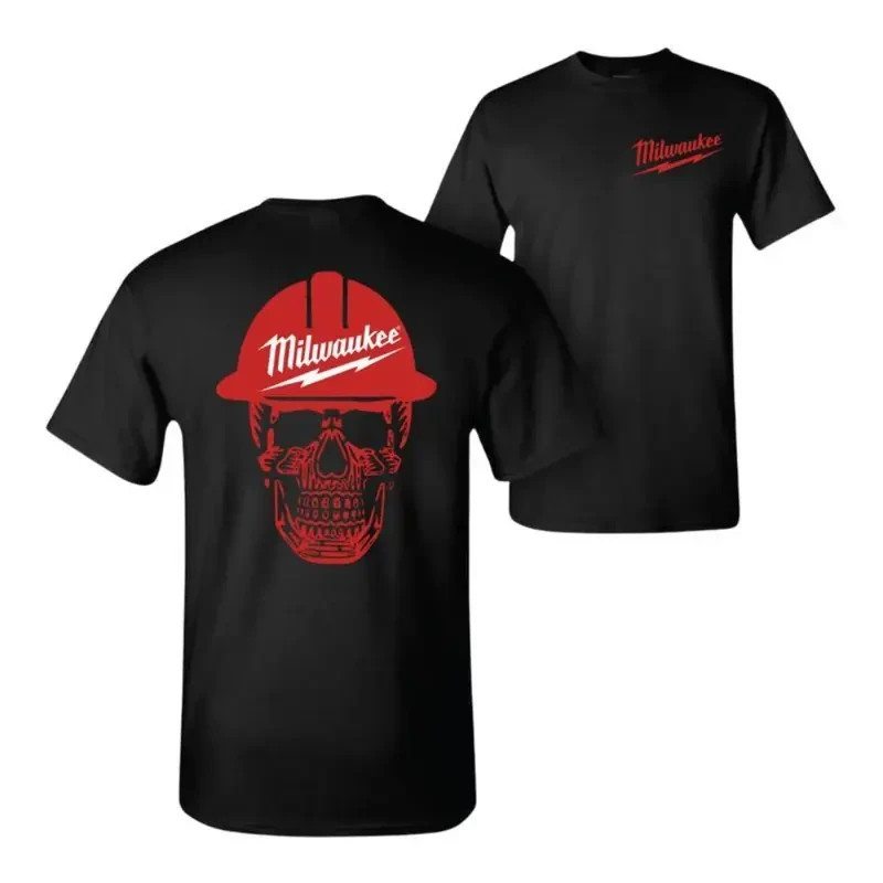 Milwaukee Tools Workwear T-Shirt – Chest Logo & Back Red Hard Hat Skull Graphic