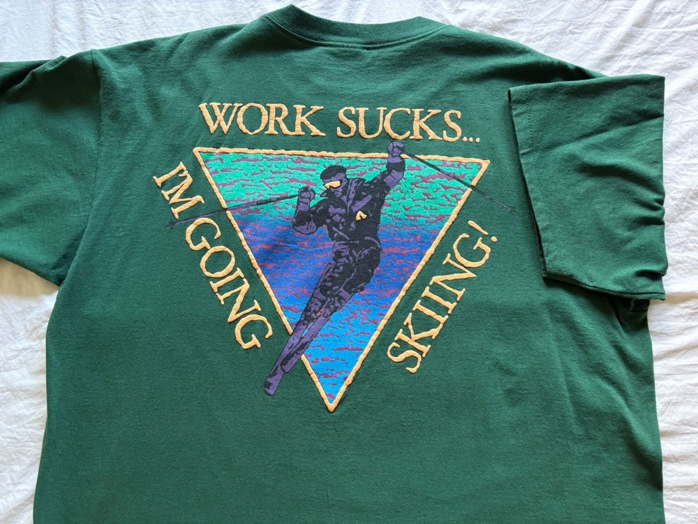 Vintage 90’s Ski Single Stitch Oneita Work Sucks Tee Size XL USA