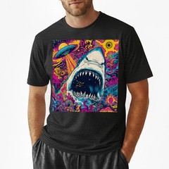 Trippy Space Shark T-Shirt Alien UFO Abduction Galaxy Mouth Colorful Art Tee