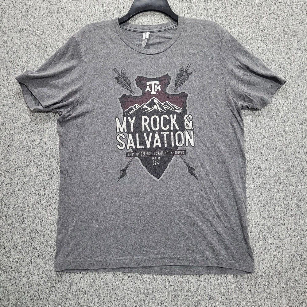 Texas AM Bella Canvas Grey T-Shirt My Rock Salvation Psalm 62:6 Aggies Mens L