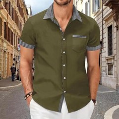 Camisa Con Botones Elegante De Manga Corta Para Hombres Sólida Cuello Levantado
