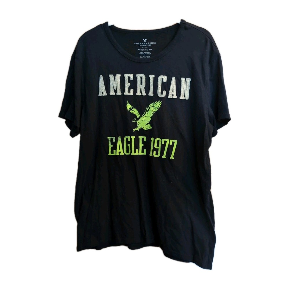 American Eagle T Shirt Mens XL Black Athletic Fit Embroidered Graphic Spellout