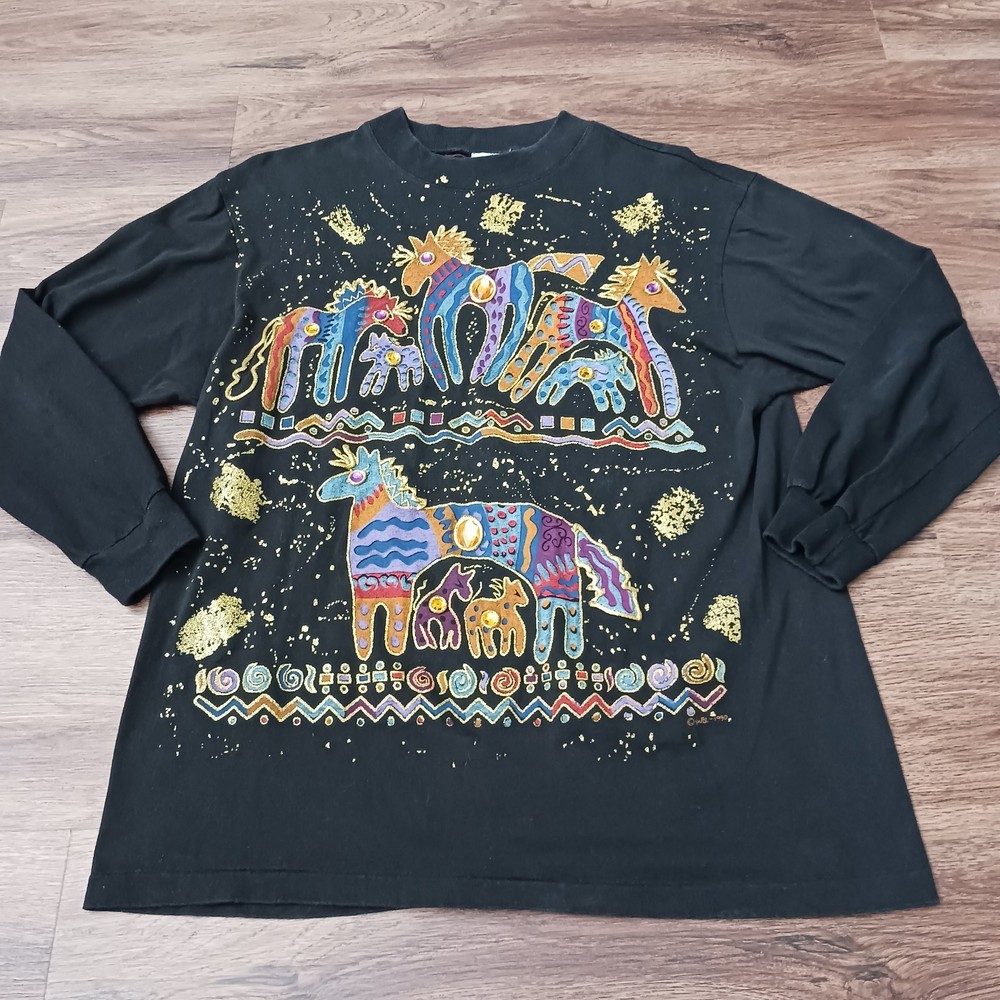 VTG Pop Art KWBL Los Angeles LA Long Sleeve Shirt Hand painted Jewel Horses M