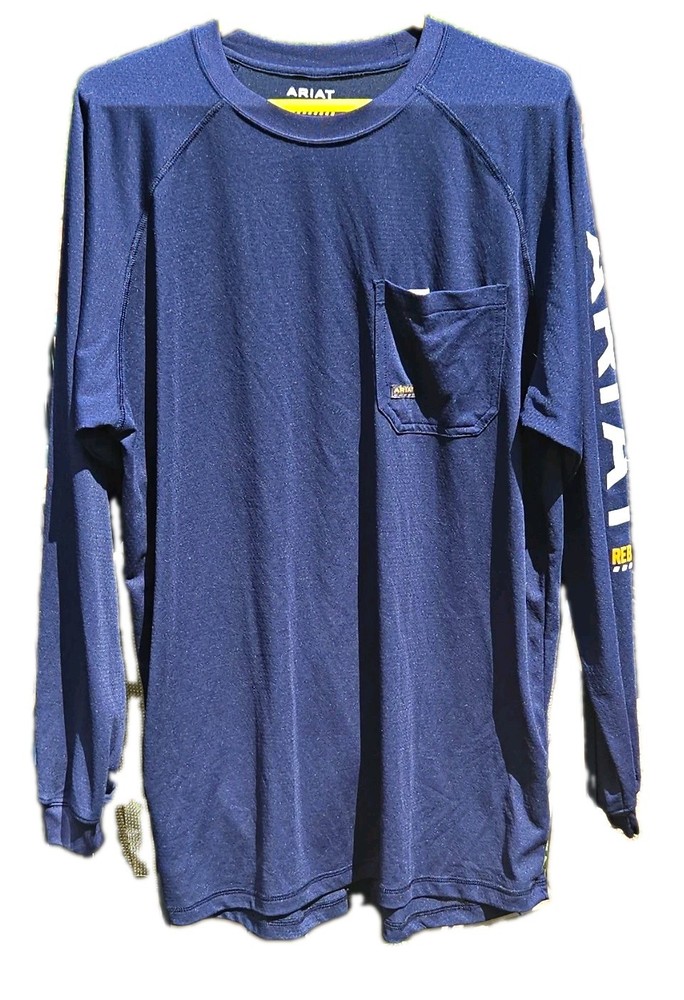 Ariat Rebar Men’s Blue Crew Neck Long Sleeve Pocket Polyester T-Shirt XL Tall