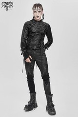 Devil Fashion Men Black Gothic Punk Mesh Spliced Lace-Up T-Shirt Slim Fit Tops