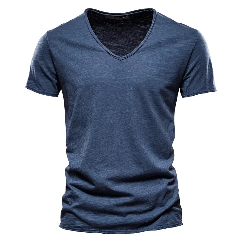 100% Cotton V-Neck Design Slim Fit Soild Color Short Sleeve T Shirt for Men