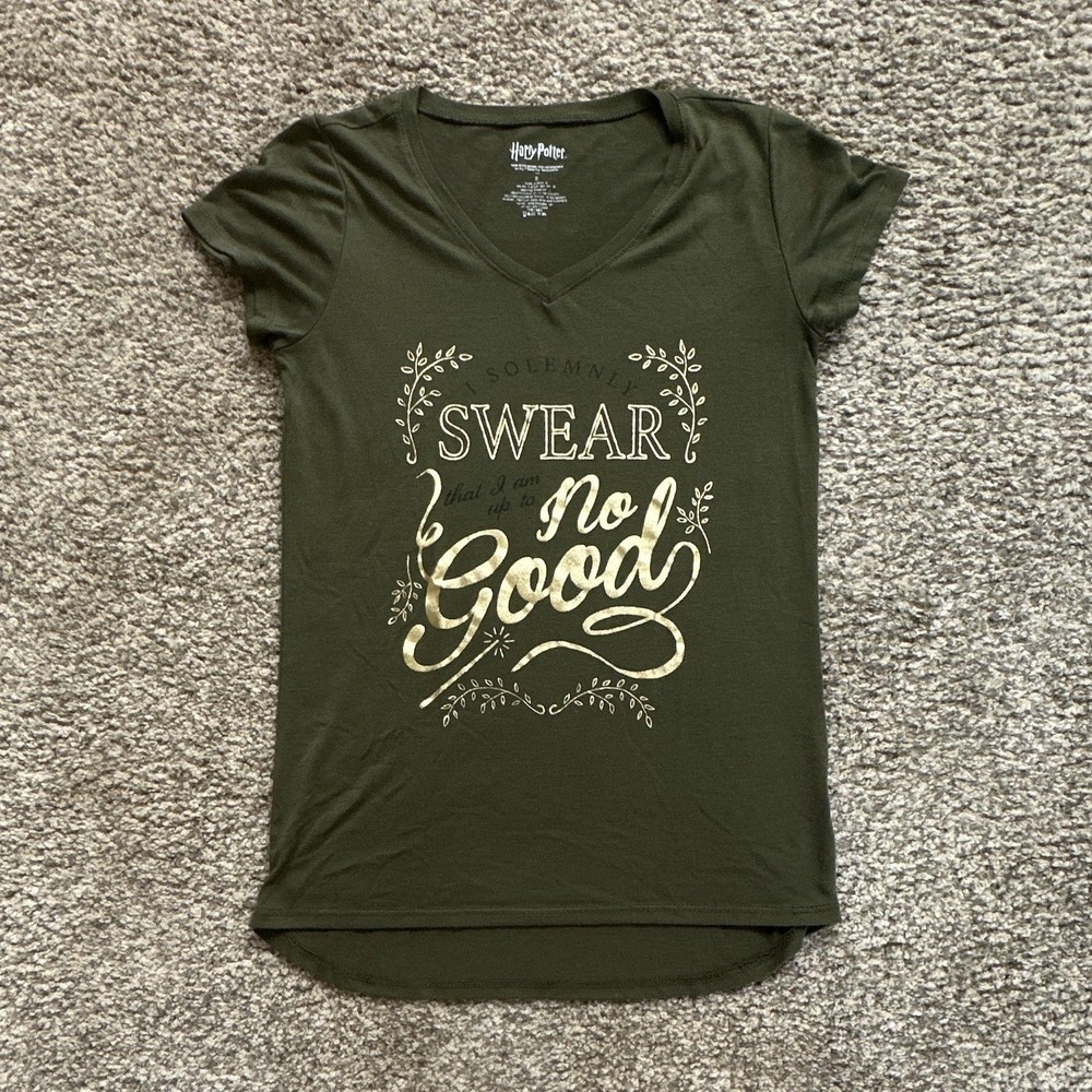 Harry Potter Green V-Neck Short Sleeve Graphic Tee “I Solemnly Swear” Size S