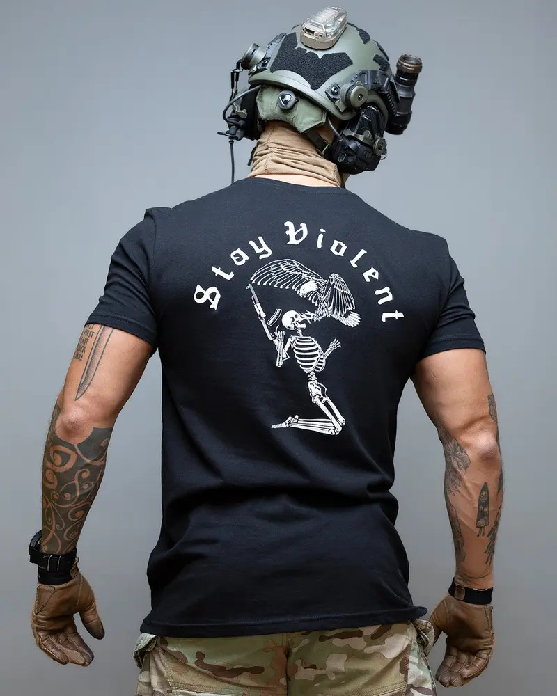 Howitzer Stay Violent Tactical T Shirt Featuring Skeleton Warrior With Rifle And