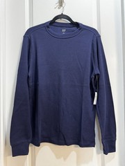 NWT Gap Navy Blue Crew Neck Long Sleeve Waffle Thermal Tee Medium Length 27”