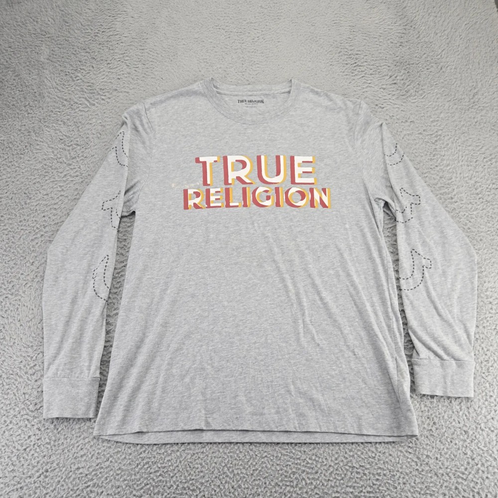 True Religion Shirt Mens Large Gray Heather Spellout Long Sleeve Crew Neck