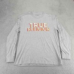 True Religion Shirt Mens Large Gray Heather Spellout Long Sleeve Crew Neck