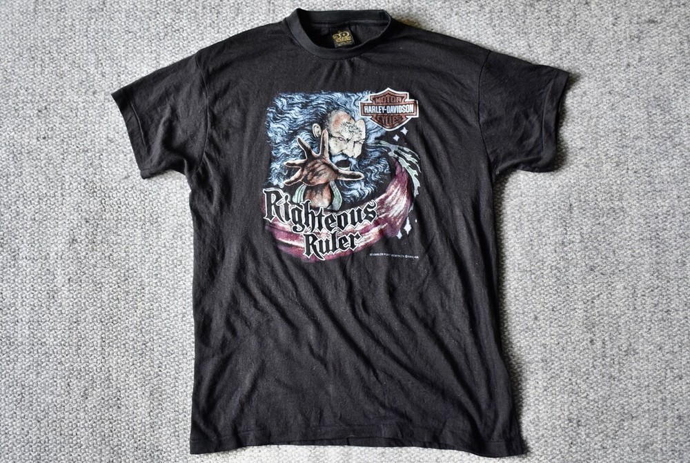 Vtg 1992 Harley Davidson 3D Emblem Righteous Ruler Wizard T-Shirt Biker USA M
