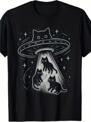 Funny Cat UFO Abduction Graphic T-Shirt Alien Space Cute Kitty Sci-Fi Tee Gift