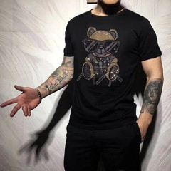 New Fashion Rhinestone Bear Short Sleeve Luxury Men T-Shirt All Sizes Plus Size