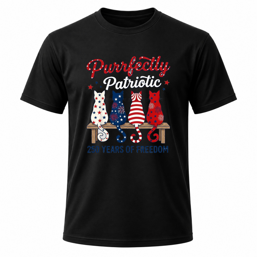 Cat Lovers Purrfectly Patriotic 250 Years Black Graphic T-Shirt