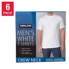 Kirkland Men’s 6-pack White 100% Cotton Crew Neck T-Shirts – FREE SHIPPING!
