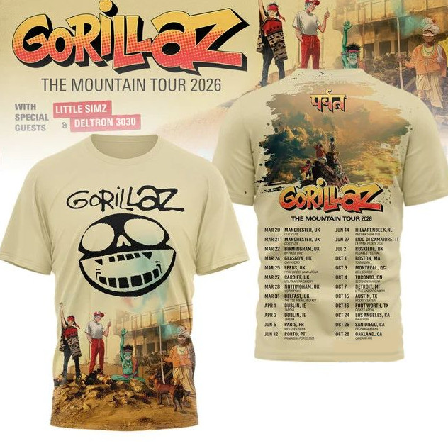 Gorillaz The Mountain Tour 2026 T-Shirt UK US Europe Dates Concert Tan Tee S-2XL