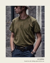 Cotton Henry Collar Short Sleeve T-Shirt Summer Men American Retro Fitness