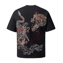 Men’s Embroidered Dragon T-Shirt Hip Hop Short Sleeve Heavy Stitch Streetwear