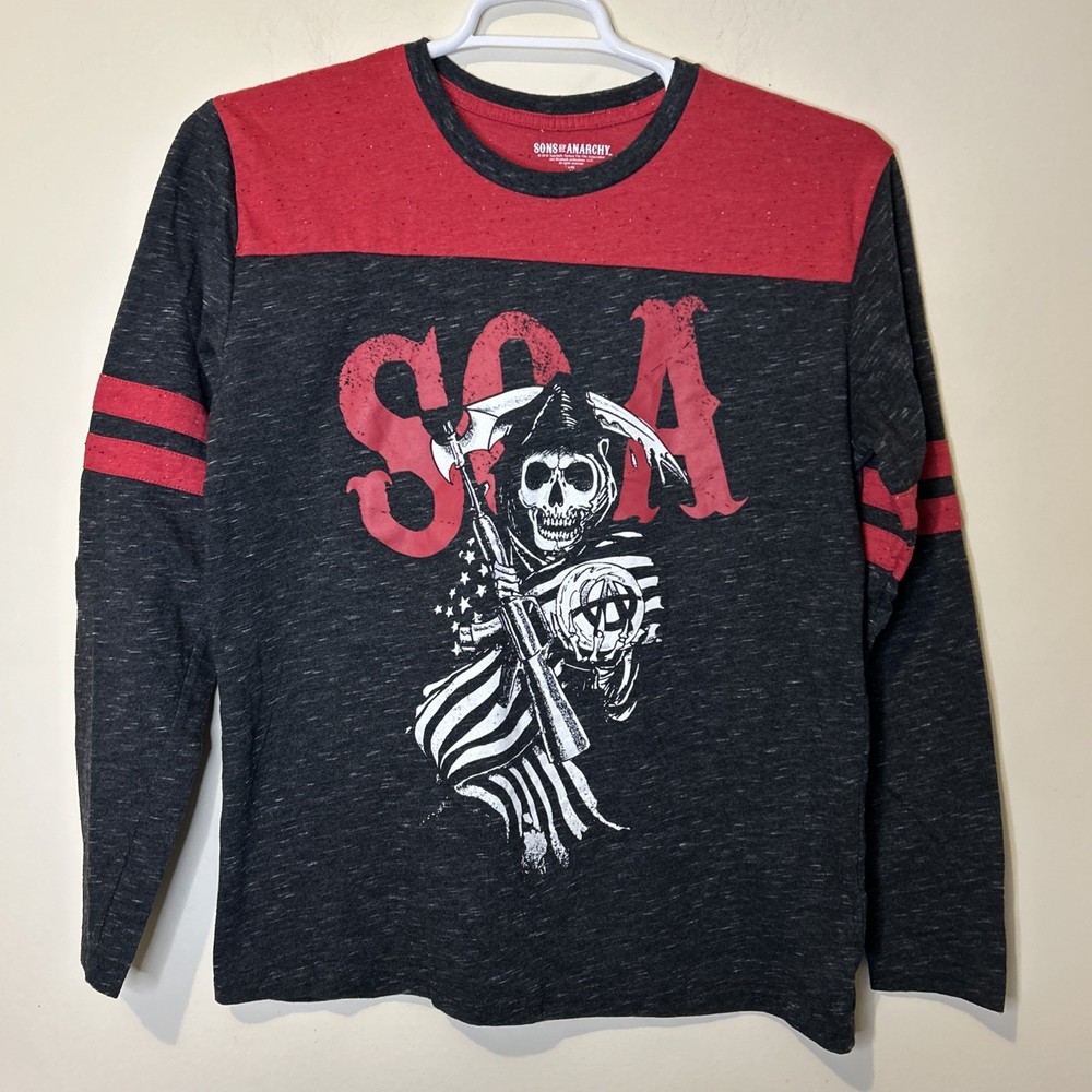 Sons Of Anarchy T Shirt Men’s Medium Red Black Skull Long Sleeve Cotton Graphic