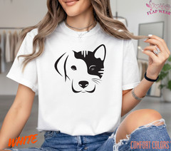 Dog and Cat Split Face T-Shirt – Minimalist Pet Lover Graphic Tee – Cute Dog Cat
