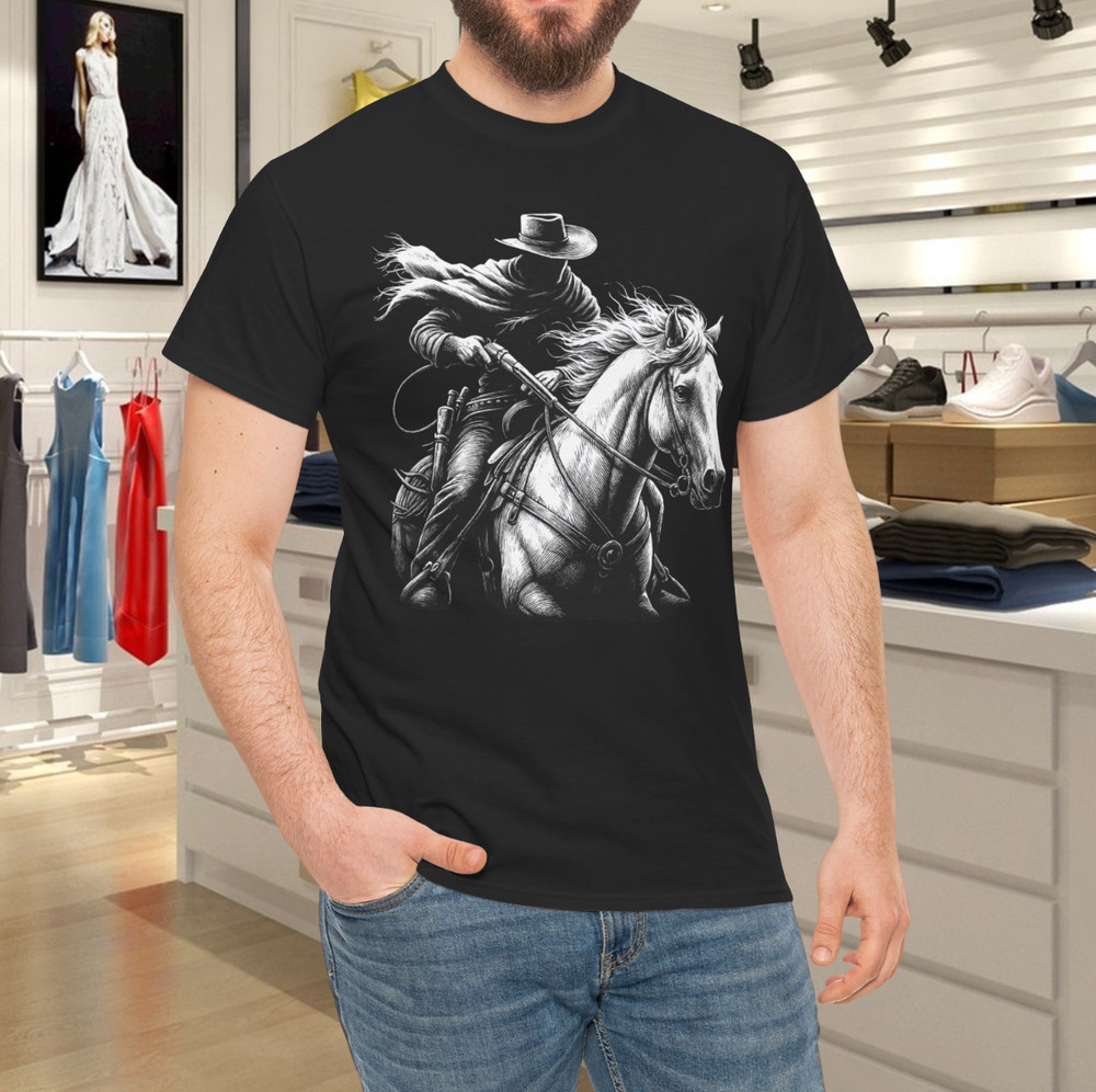 Cowboy Outlaw Bandit on Horse, Dark Western Style Black T-Shirt