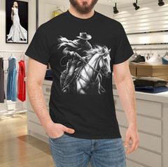 Cowboy Outlaw Bandit on Horse, Dark Western Style Black T-Shirt